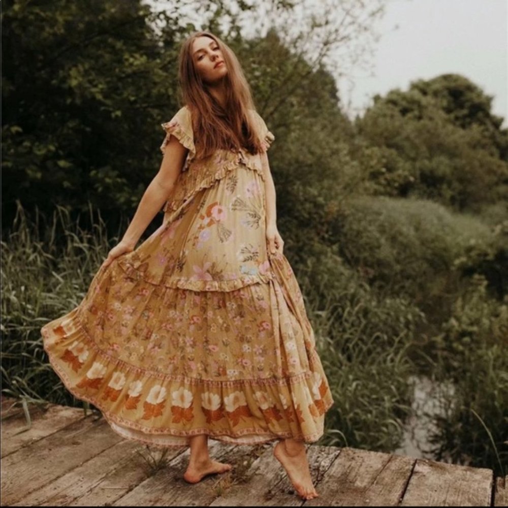 Boho 60s Floral Gypsy Print Maxi Dress Yellow - Picture 1 of 14